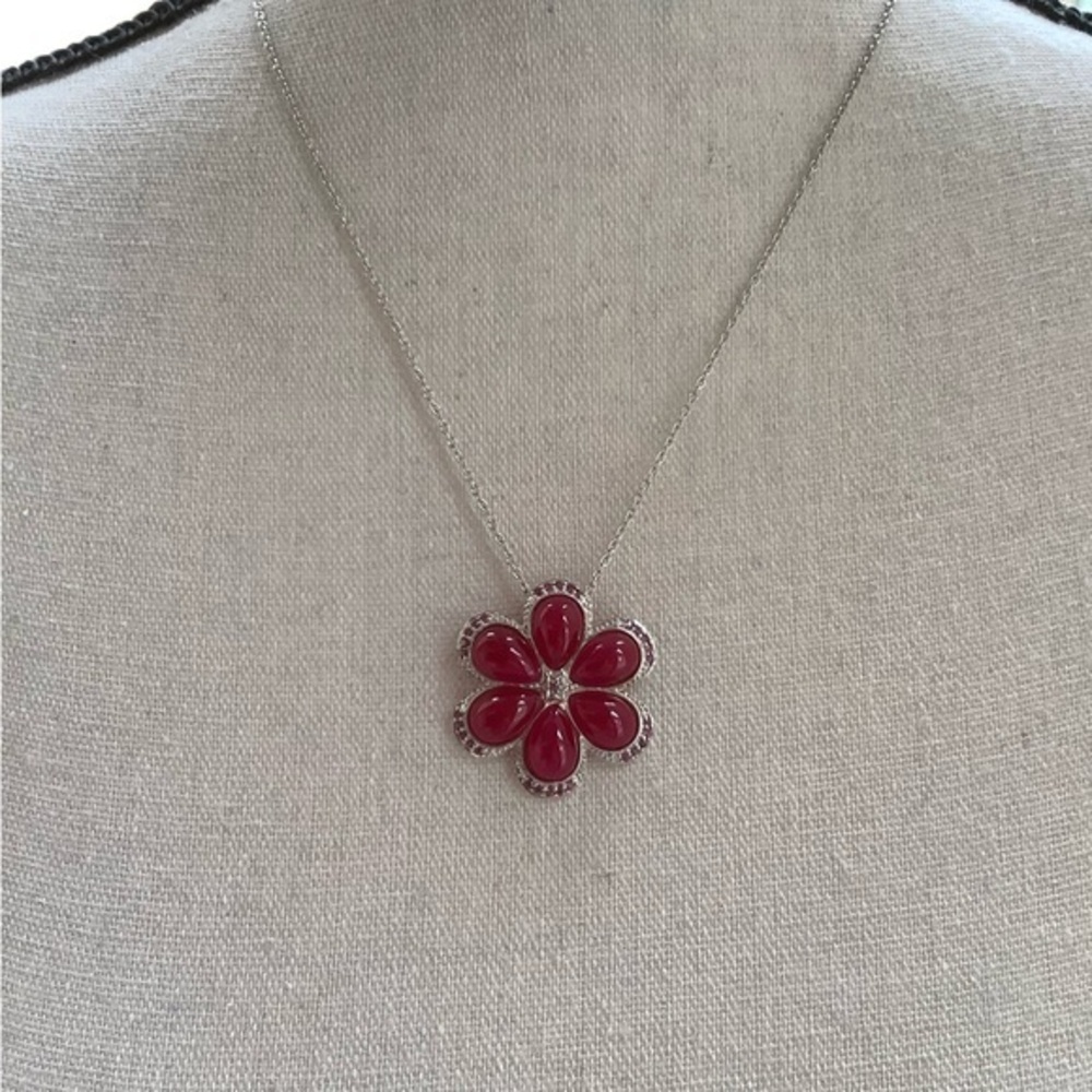 Sterling Silver Red Flower Pendant Necklace